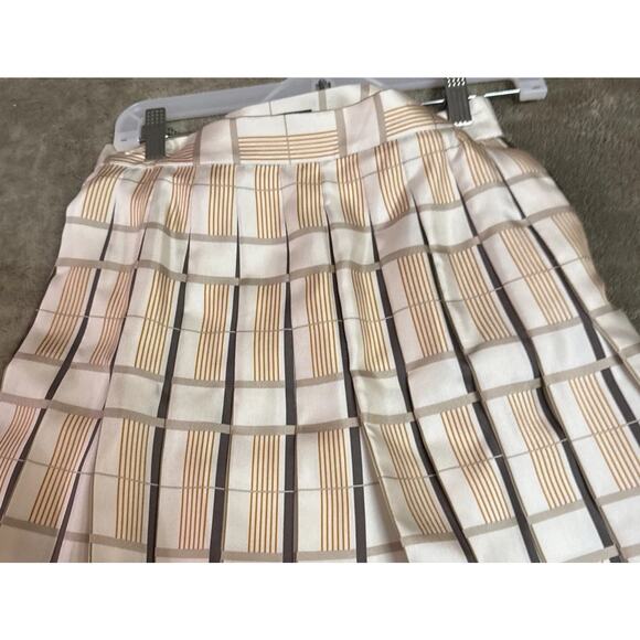 Lafayette 148 NY Silk Blend Brown Cream Geometric Pleated A-line Midi Skirt Sz 2 - Picture 3 of 7